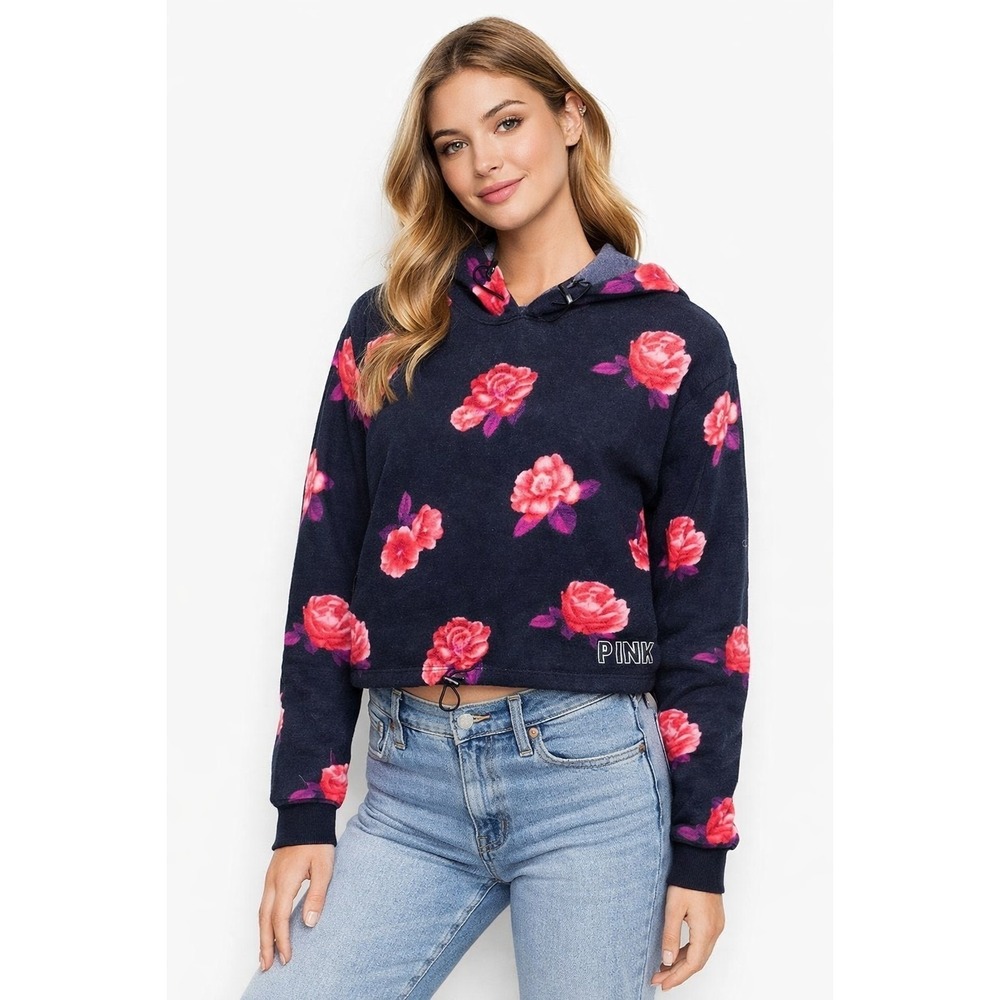 PINK Victoria's Secret Women XS Floral Rose Polar Fleece Cropped Hoodie Y2K - Picture 7 of 7